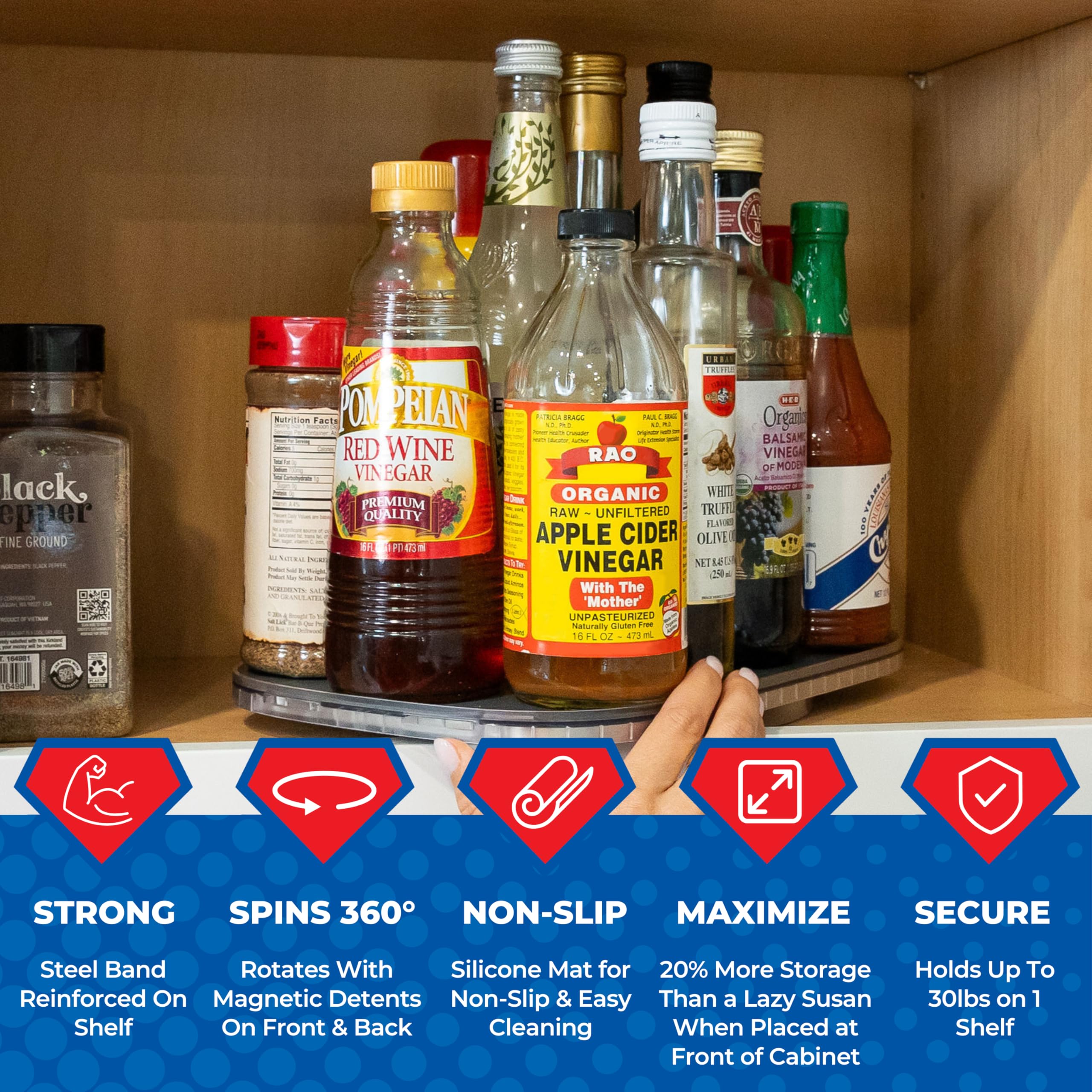 Mighty Susan inside refrigerator organizing condiments for quicker retrieval