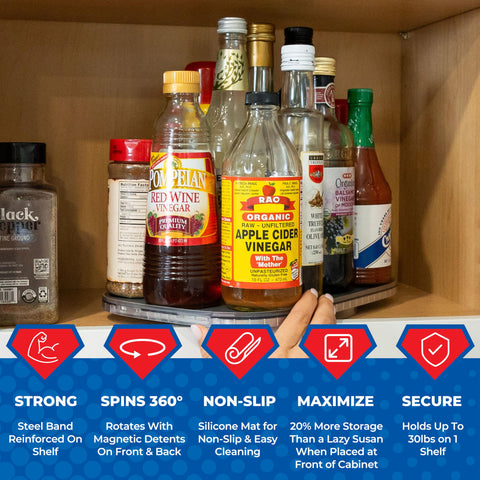 Mighty Susan inside refrigerator organizing condiments for quicker retrieval