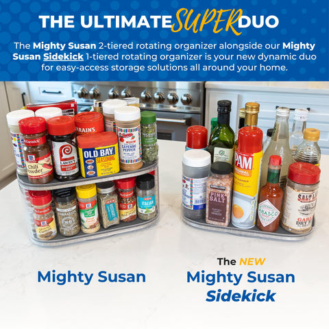 Mighty Susan on kitchen shelf arranged with spices and oils for tidy visibility