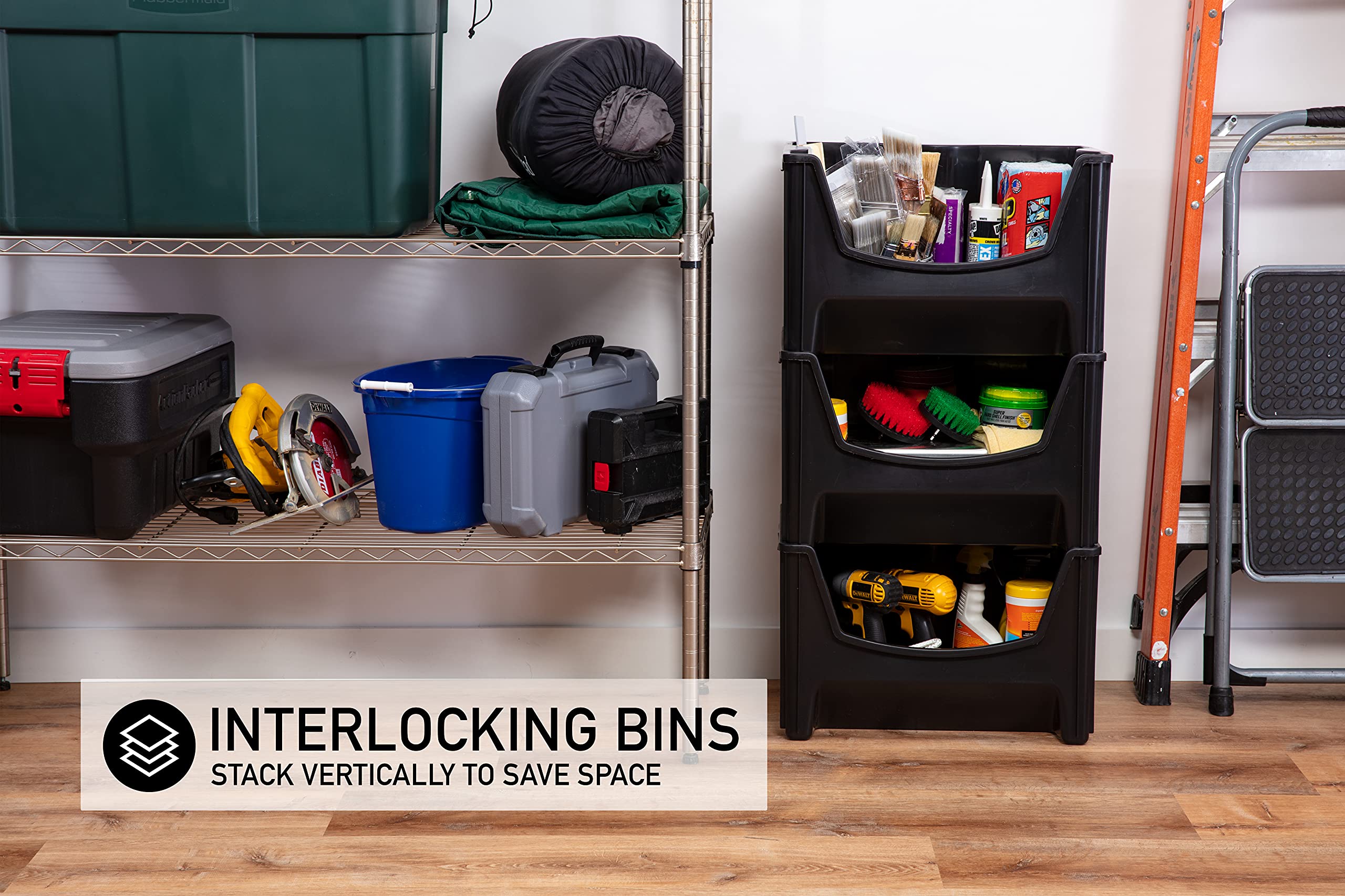 Mighty Tuff bins nested to show compact storage for space-saving convenience