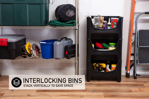 Mighty Tuff bins nested to show compact storage for space-saving convenience