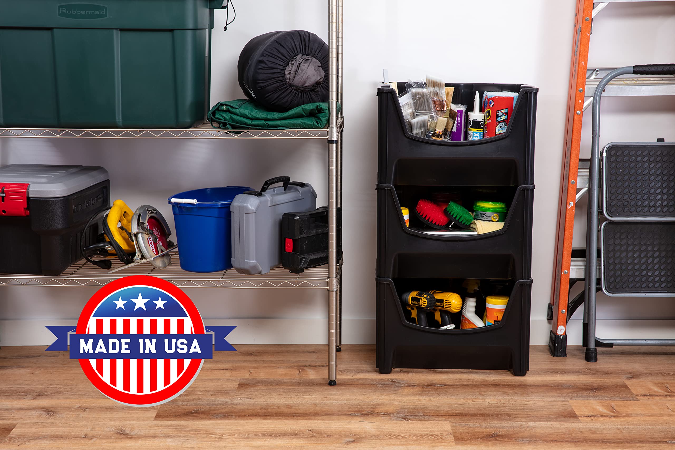 Mighty Tuff bin with tools for scale and efficient heavy item storage