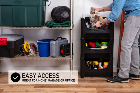 Mighty Tuff stacked bins in garage saving floor space and improving organization
