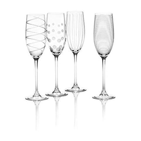 Mikasa Cheers boxed set front view showing four patterned flutes and gift packaging benefit