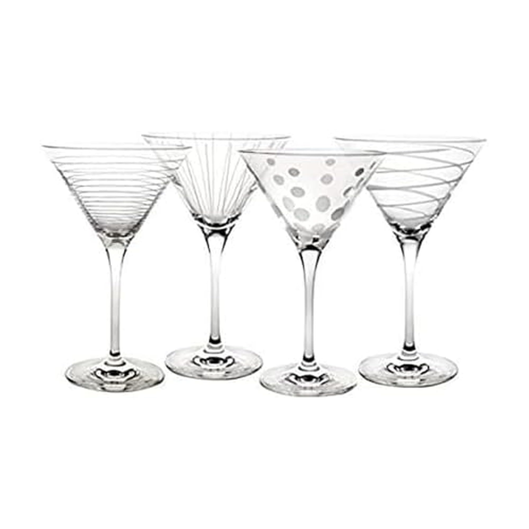 Mikasa Cheers martini glasses front view showing four etched designs and clear crystal elegance