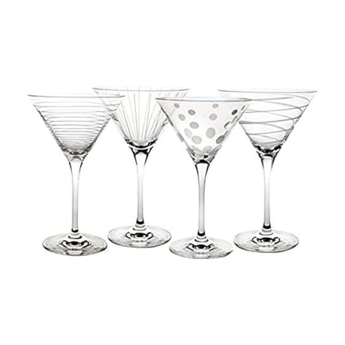 Mikasa Cheers martini glasses front view showing four etched designs and clear crystal elegance