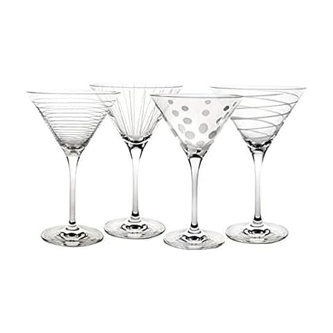 Mikasa Cheers martini glasses front view showing four etched designs and clear crystal elegance
