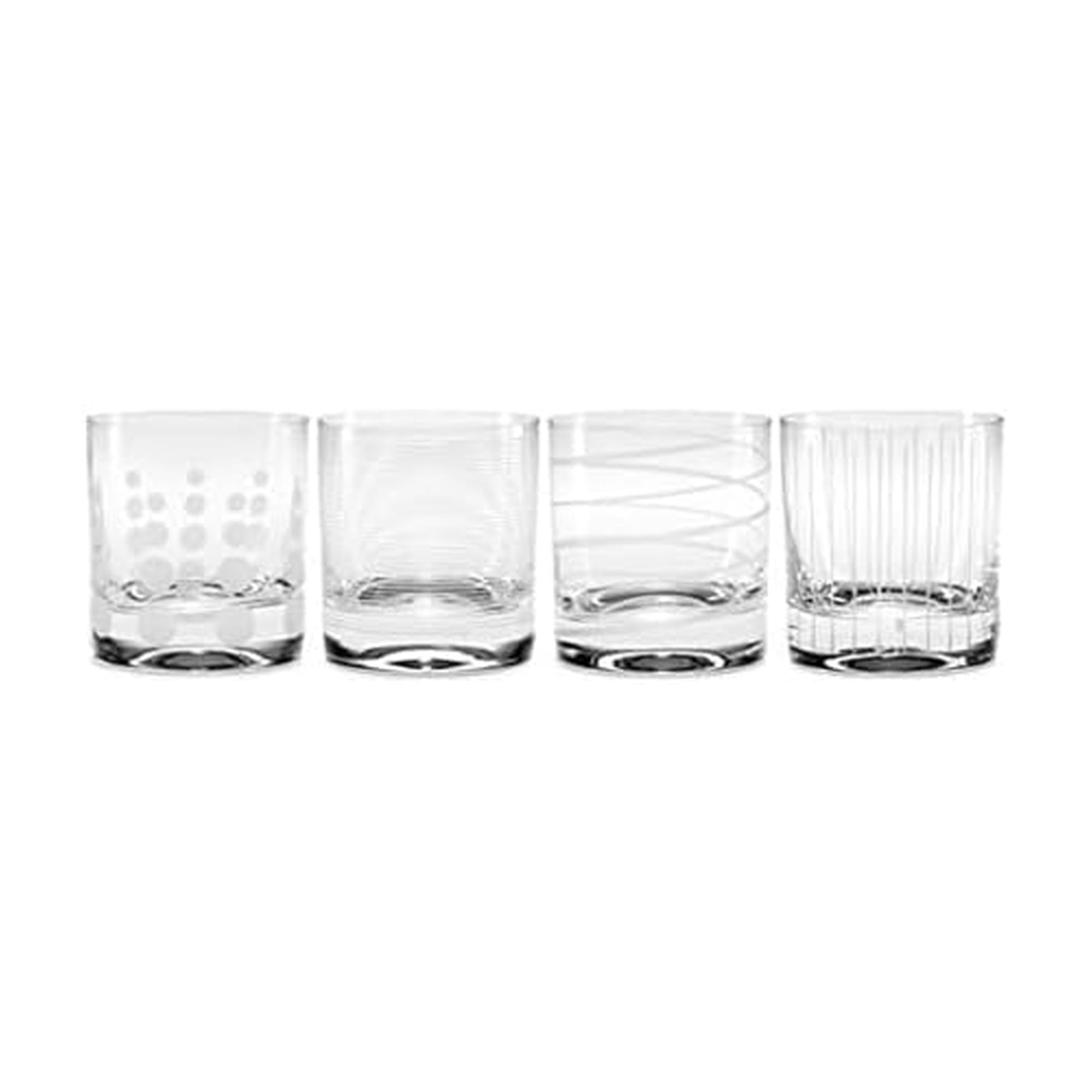 Mikasa front view set of four glasses showing varied etched patterns for easy identification