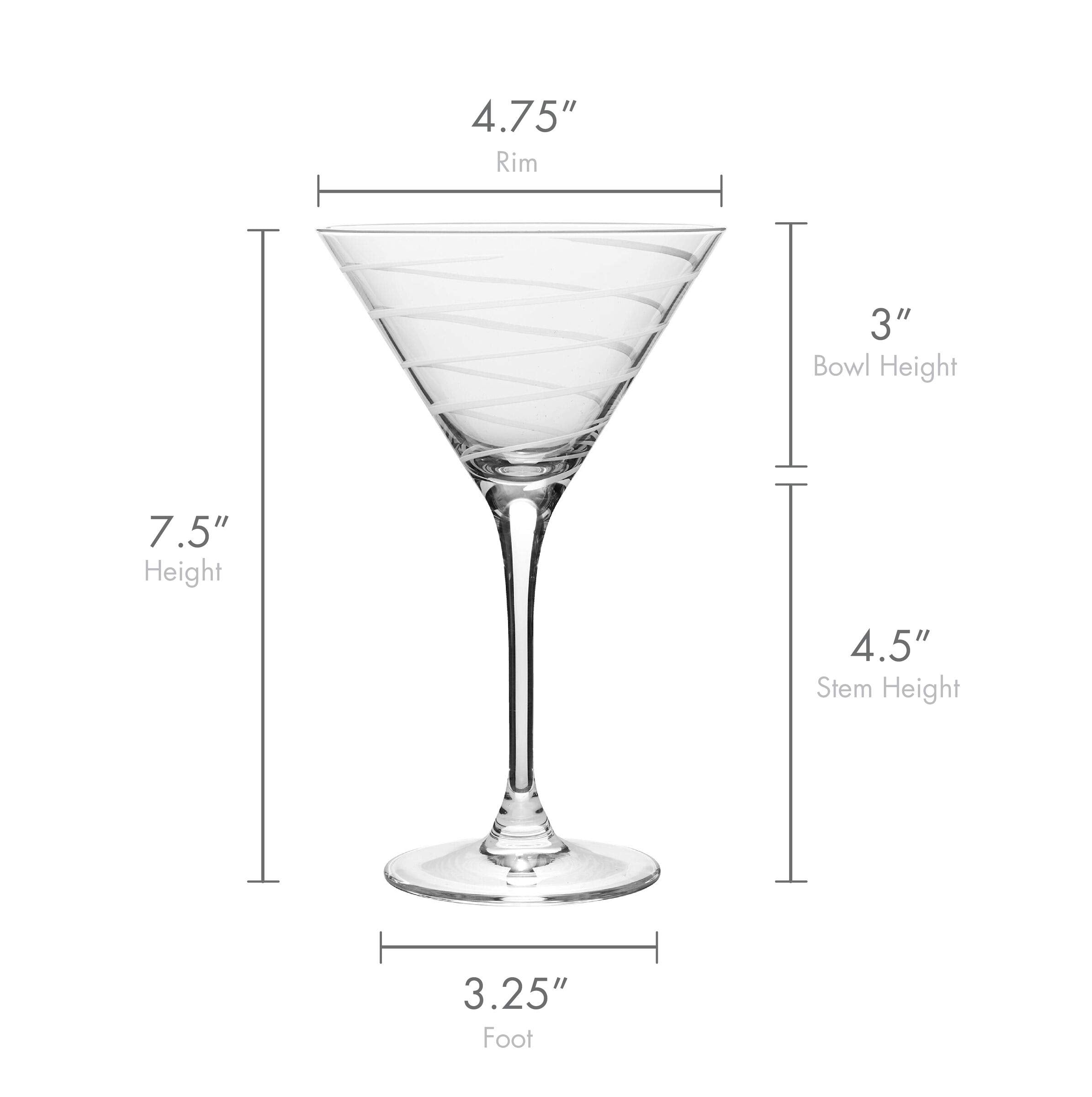 Side profile of Mikasa Cheers glass displaying tall stem and oversized martini bowl benefit