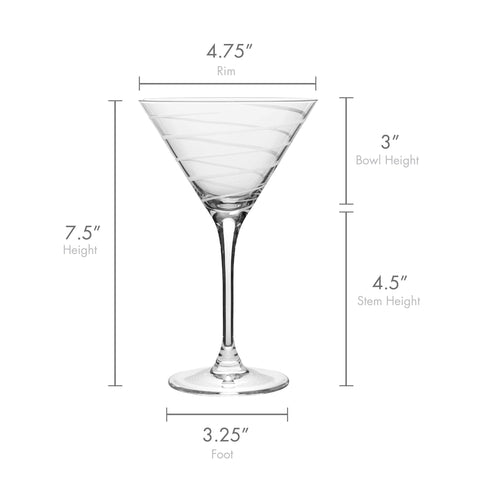 Side profile of Mikasa Cheers glass displaying tall stem and oversized martini bowl benefit