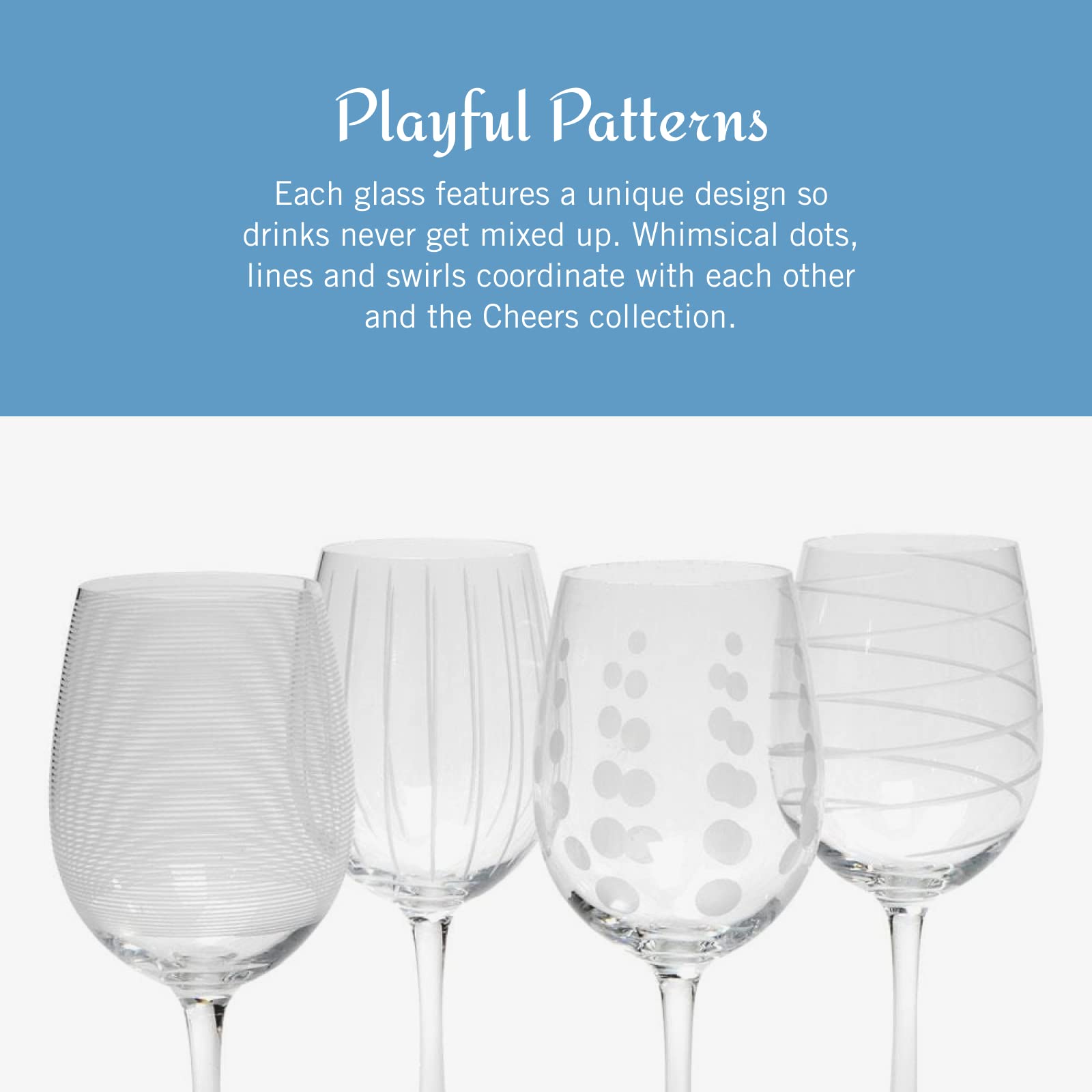 Mikasa Cheers top view showing four different etched motifs for identification