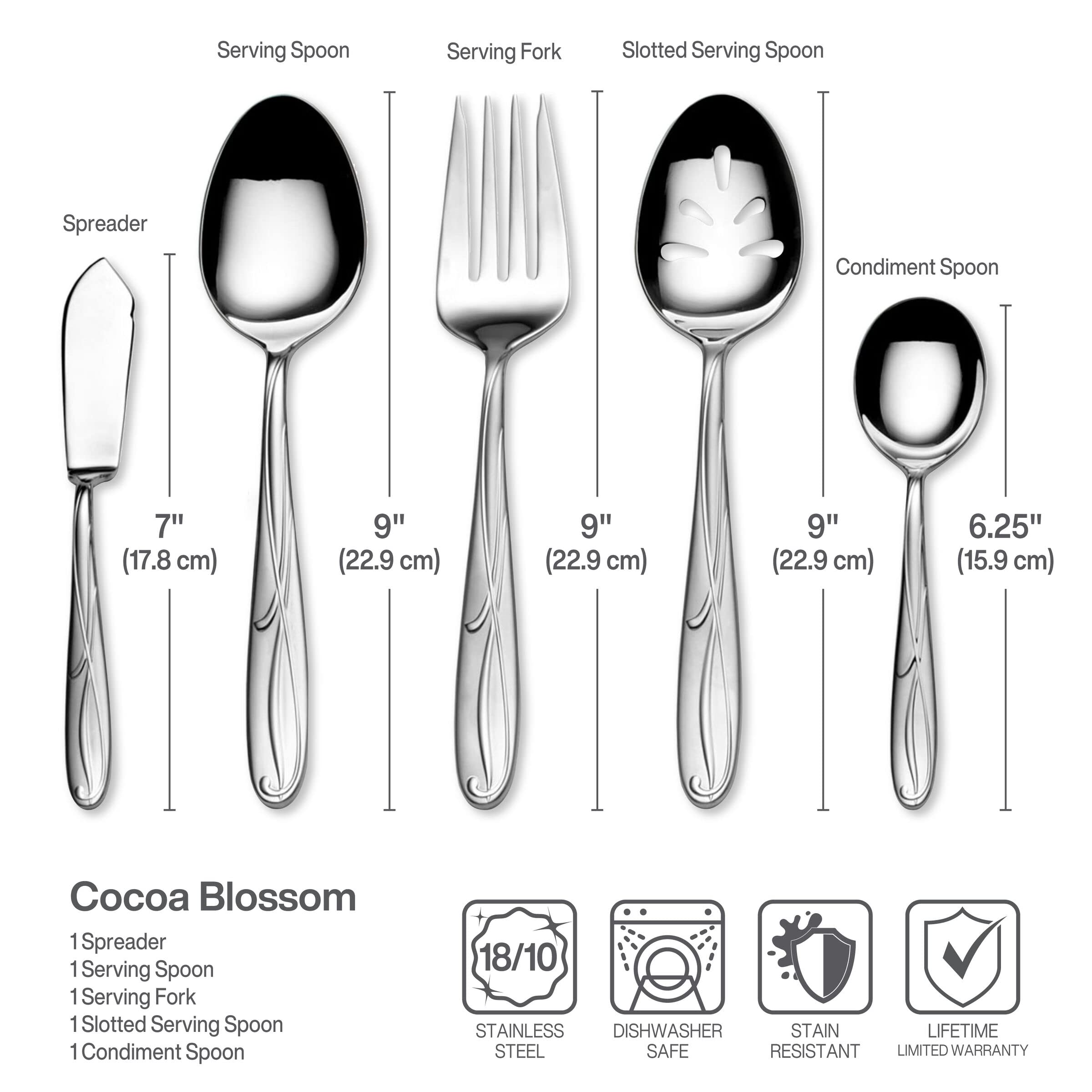 Mikasa Cocoa Blossom macro of mirror-polished 18/10 stainless steel surface showcasing corrosion resistance