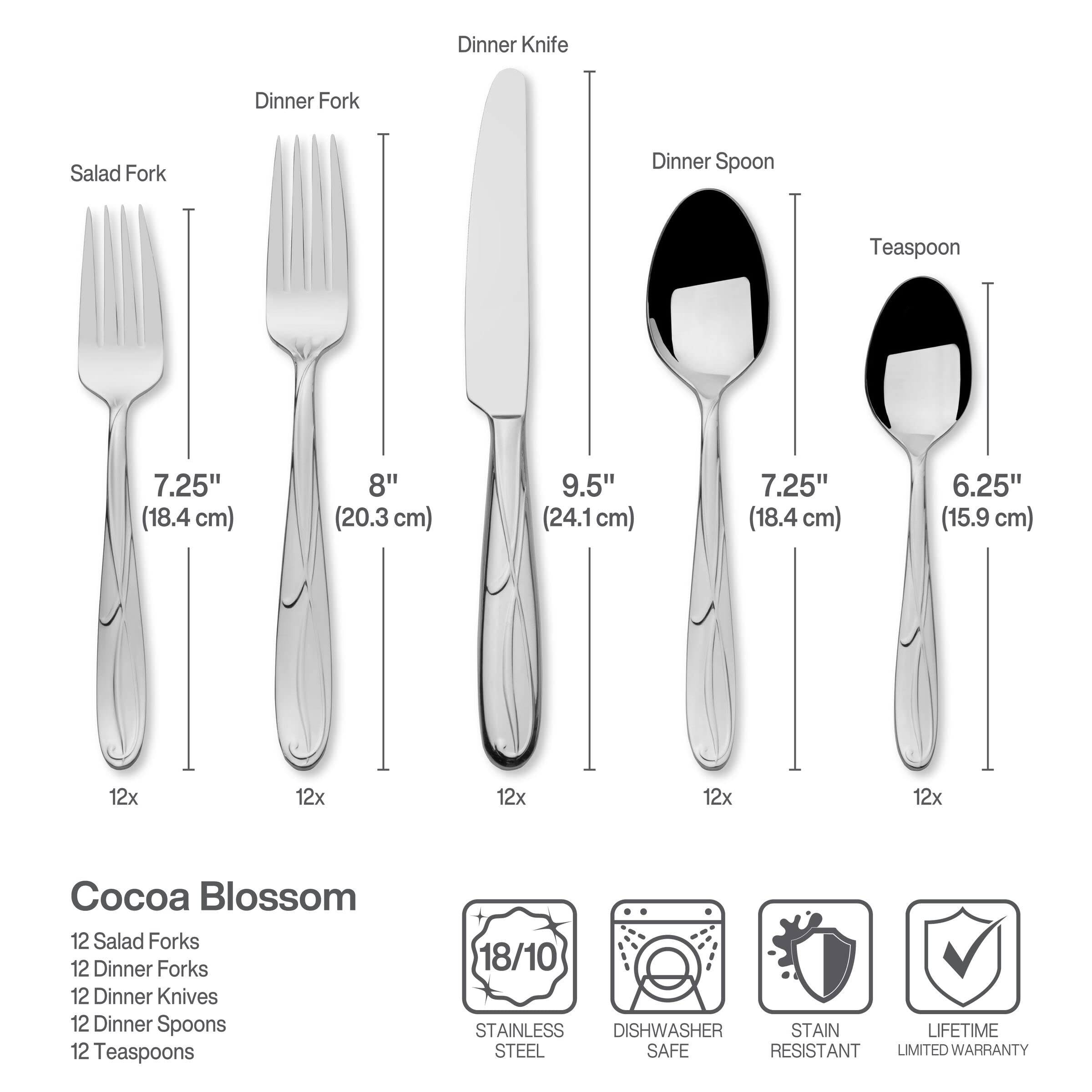 Mikasa Cocoa Blossom serving utensils grouped to show included serving spoon fork slotted spoon and butter knife