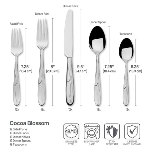 Mikasa Cocoa Blossom serving utensils grouped to show included serving spoon fork slotted spoon and butter knife