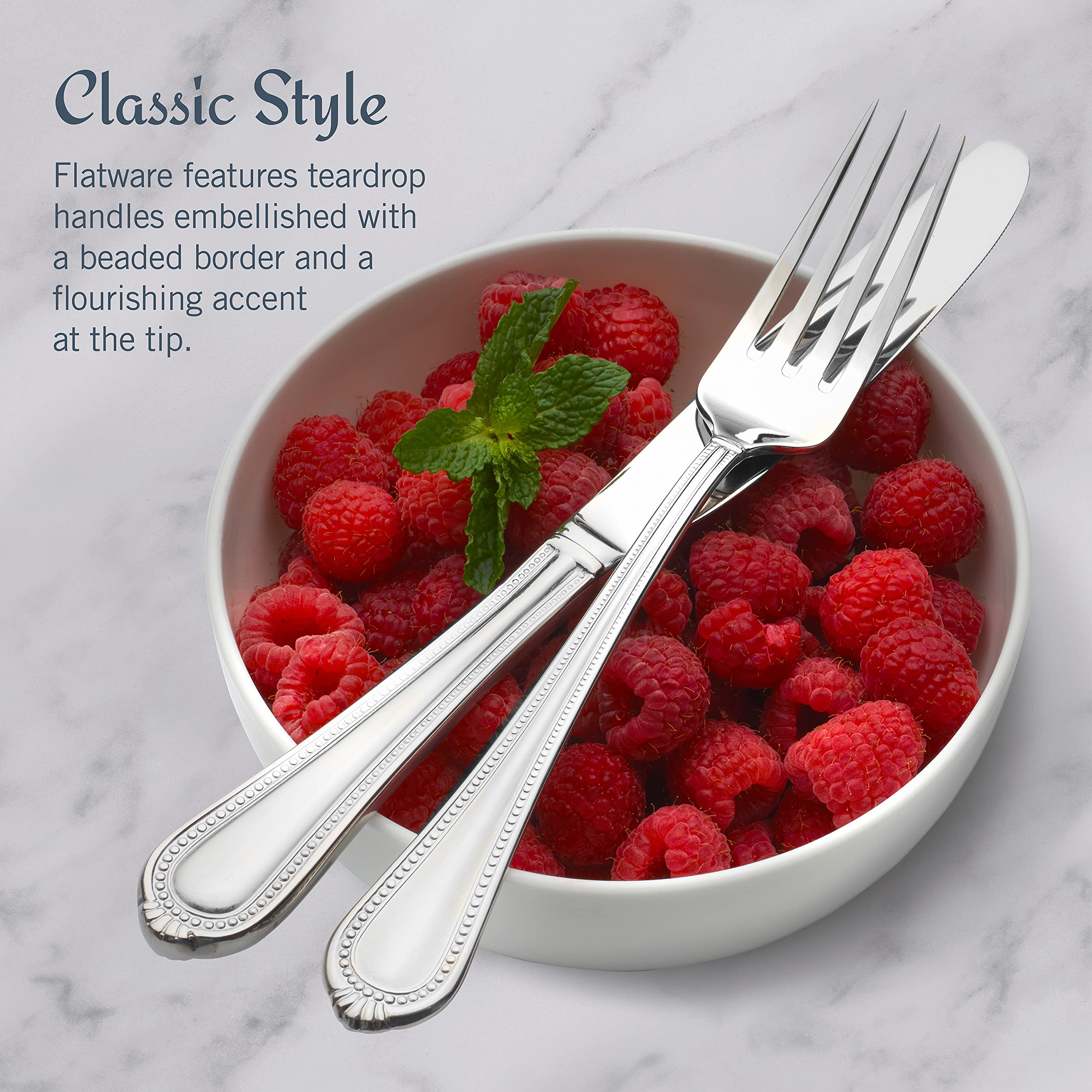 Mikasa Regent Bead flatware set on table demonstrating elegant place setting appeal