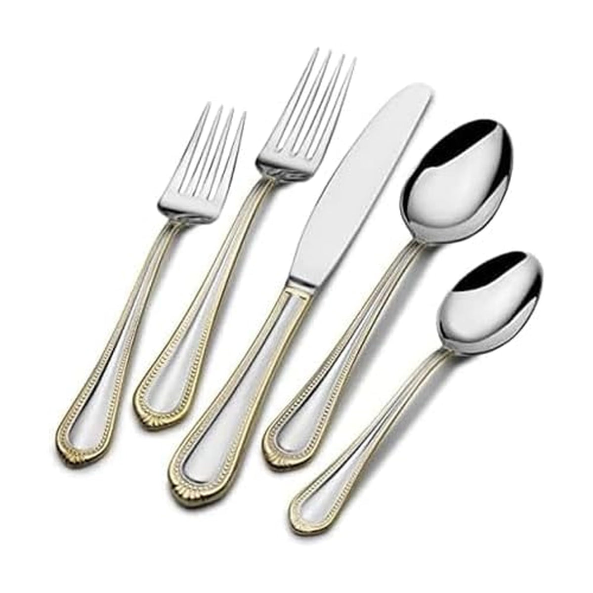 Mikasa front view of full 65-piece set showcasing elegant gold borders and uniform design