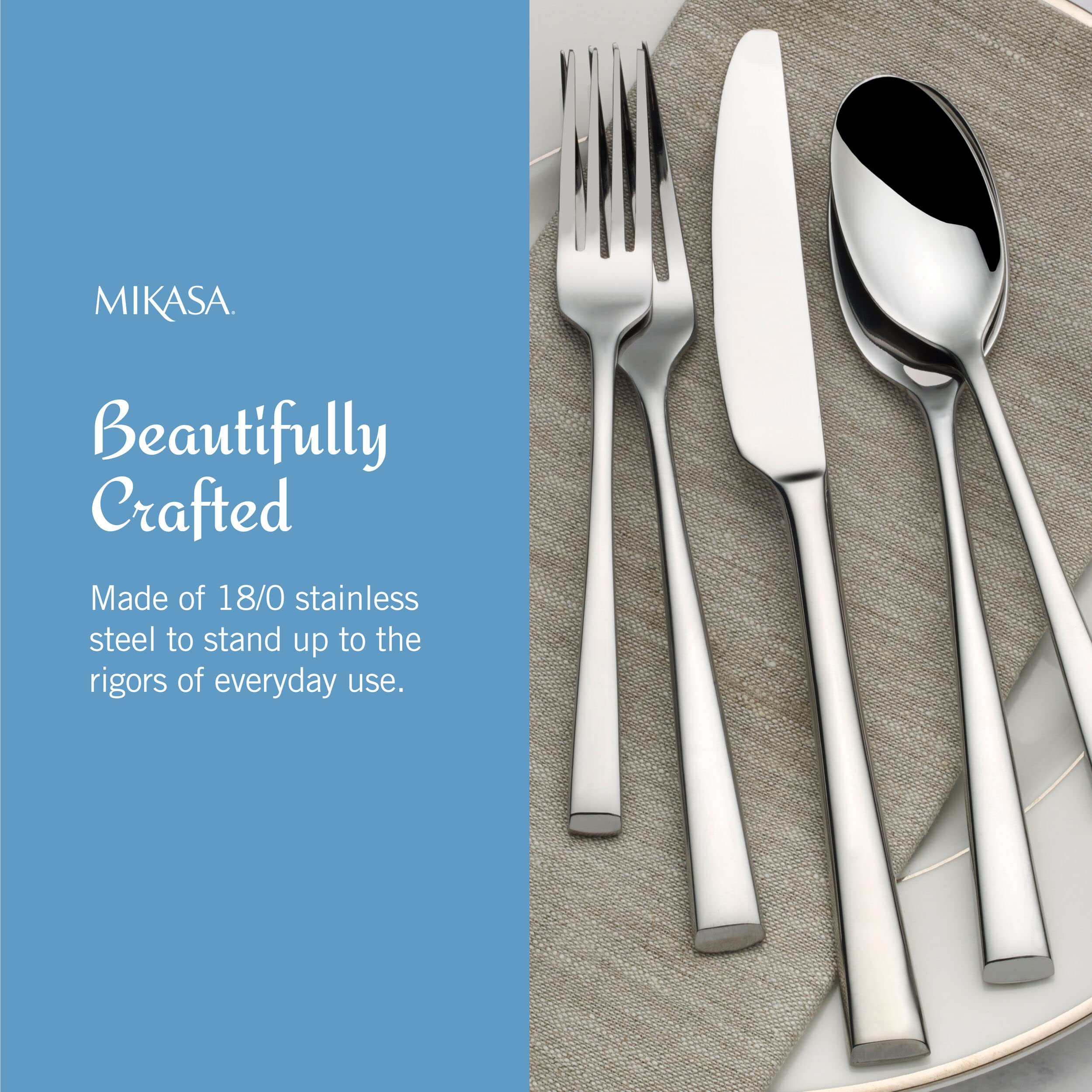 Mikasa Rockford flatware styled on a table demonstrating coordinated modern setting