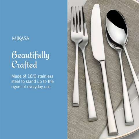 Mikasa Rockford flatware styled on a table demonstrating coordinated modern setting