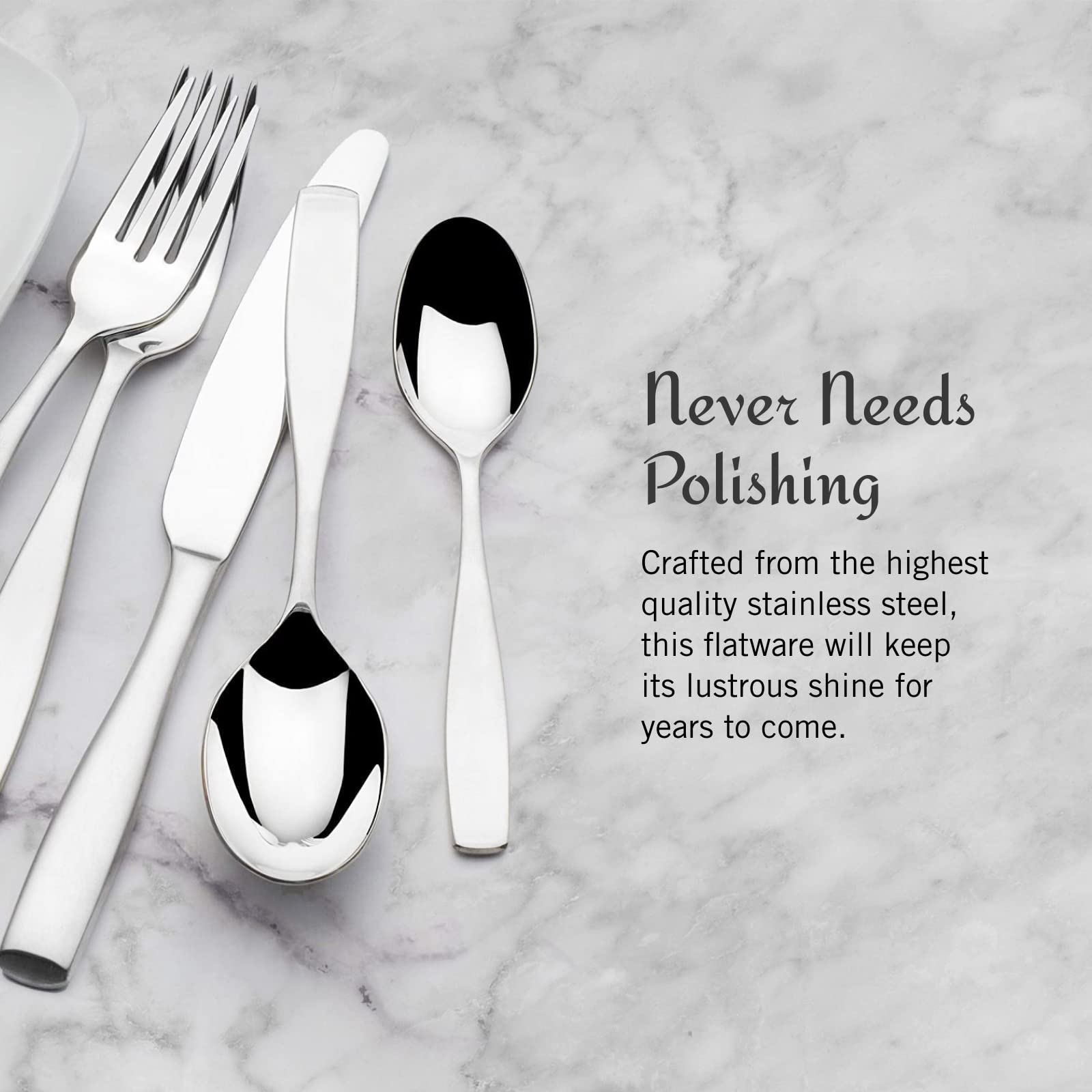 Hand holding Mikasa fork to show weight and ergonomic balance for comfortable dining