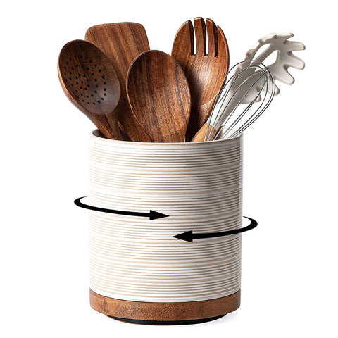 MIKIGEY front view of ceramic utensil holder showing clean arctic white finish and benefit of neat storage