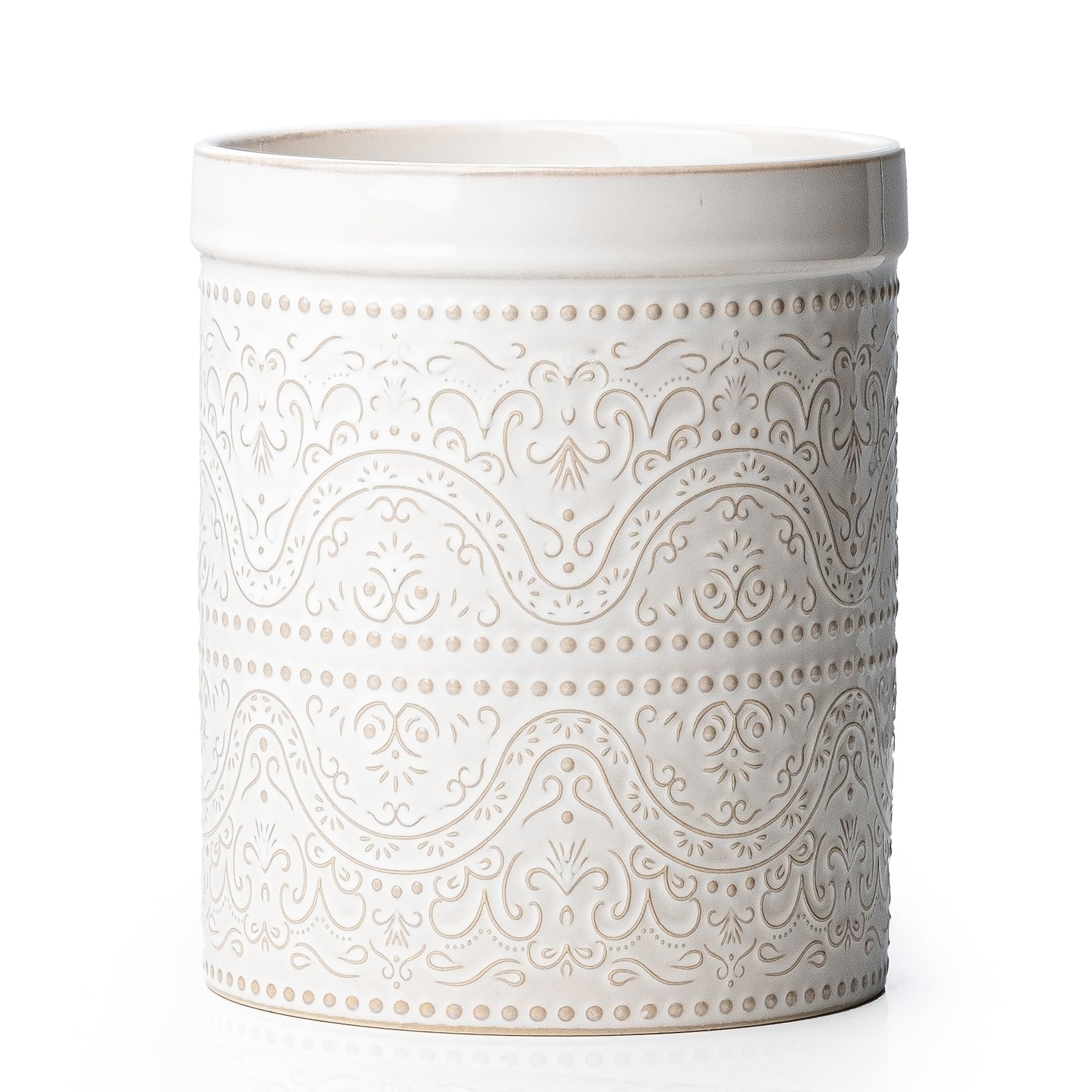 MIKIGEY front view of off-white utensil holder showing lace emboss, enhances organization