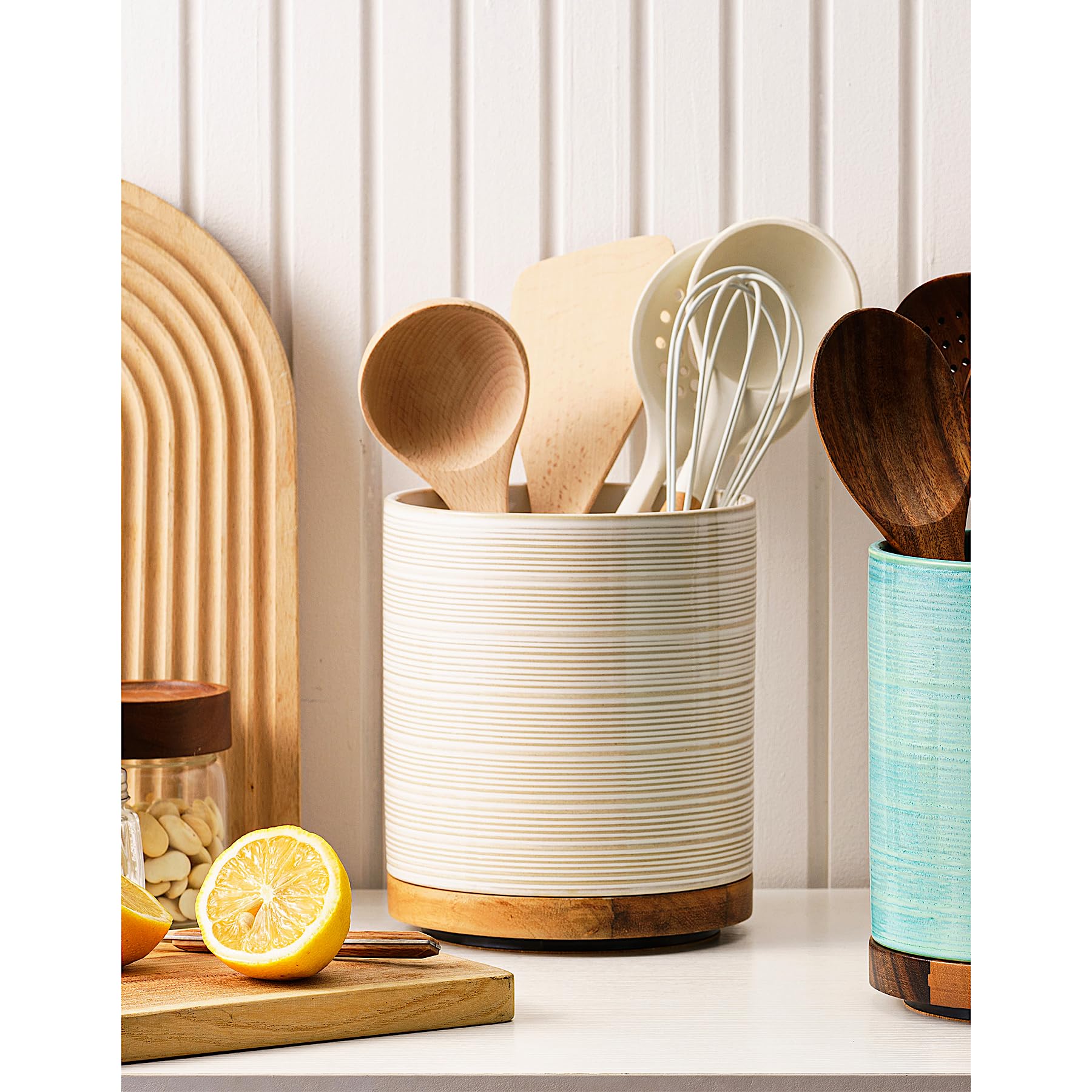 MIKIGEY close-up of rotatable wooden base highlighting smooth spin and benefit of easy access