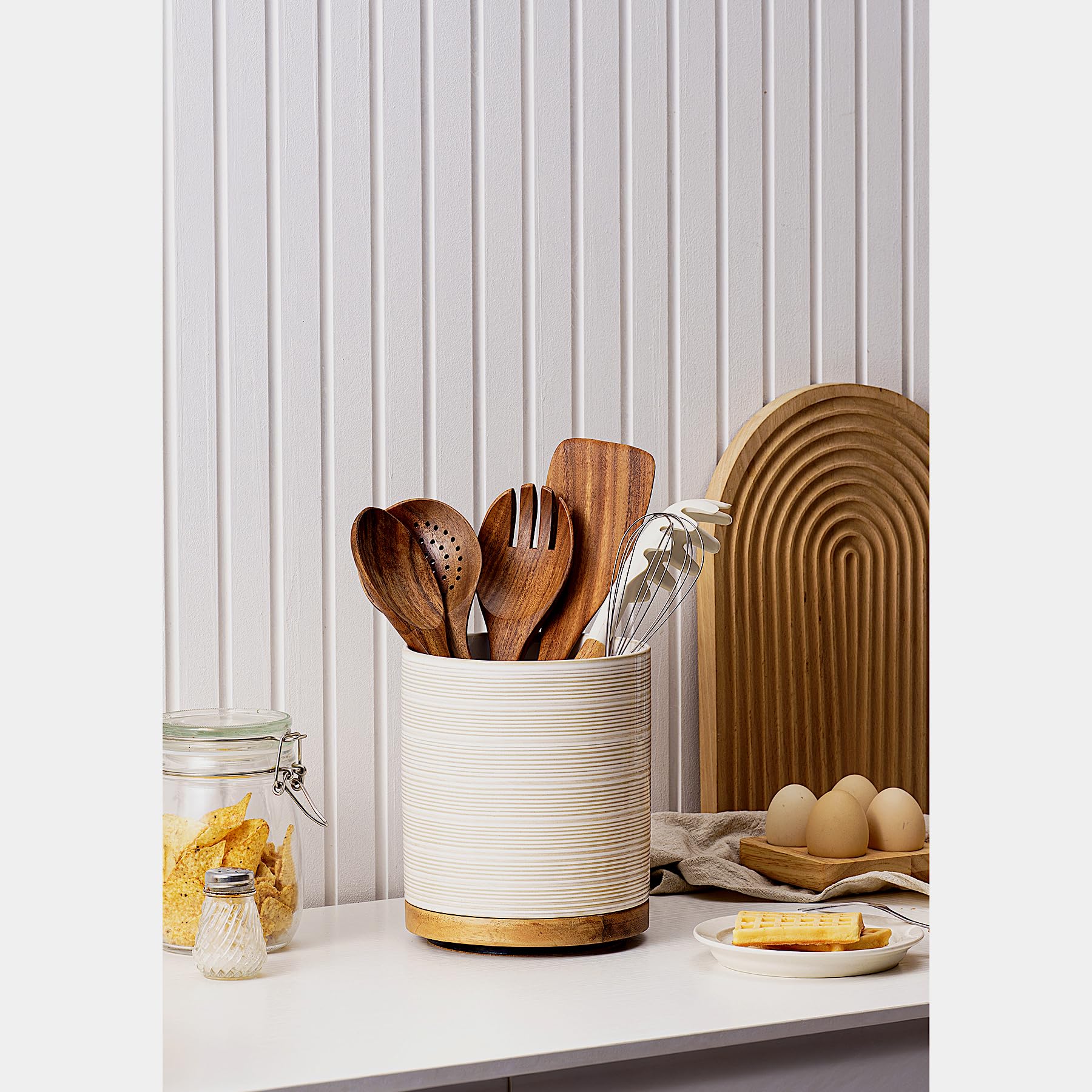MIKIGEY utensil holder in active use on countertop offering benefit of quick tool selection