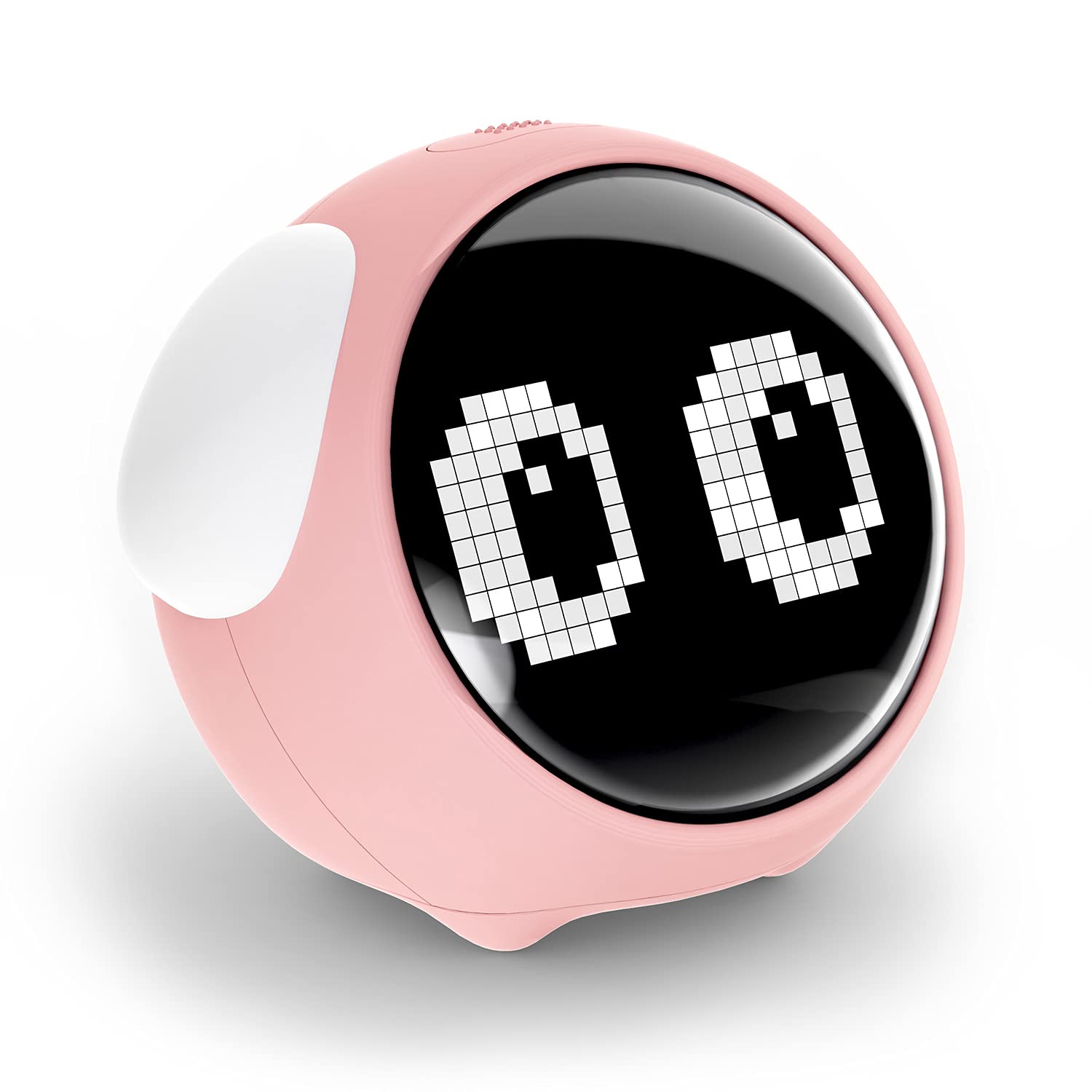 MikoDream front view showing cute puppy emoji face and dual alarm display for kid-friendly routines