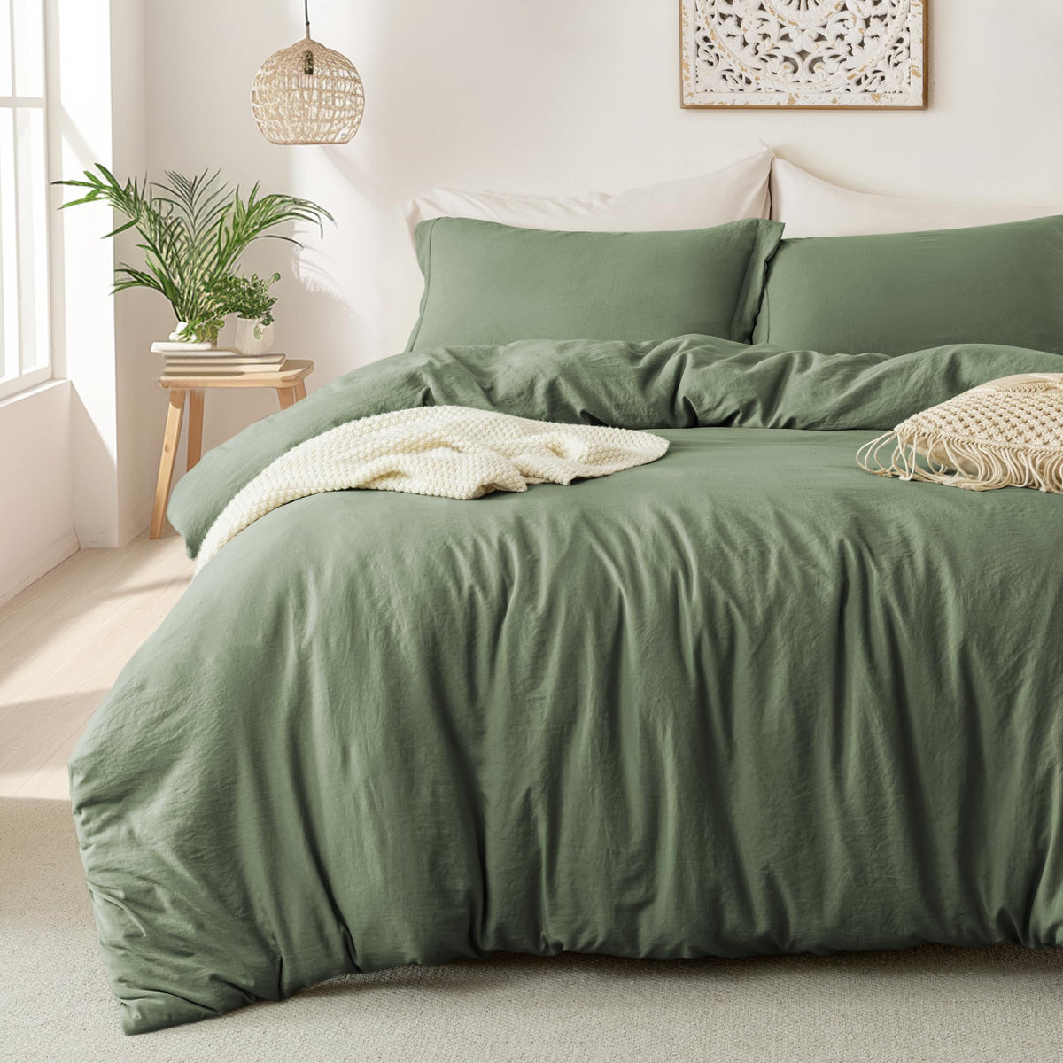 MILDLY duvet cover front view showing olive green color and neat finish, adds refined bedroom style