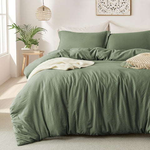 MILDLY duvet cover front view showing olive green color and neat finish, adds refined bedroom style