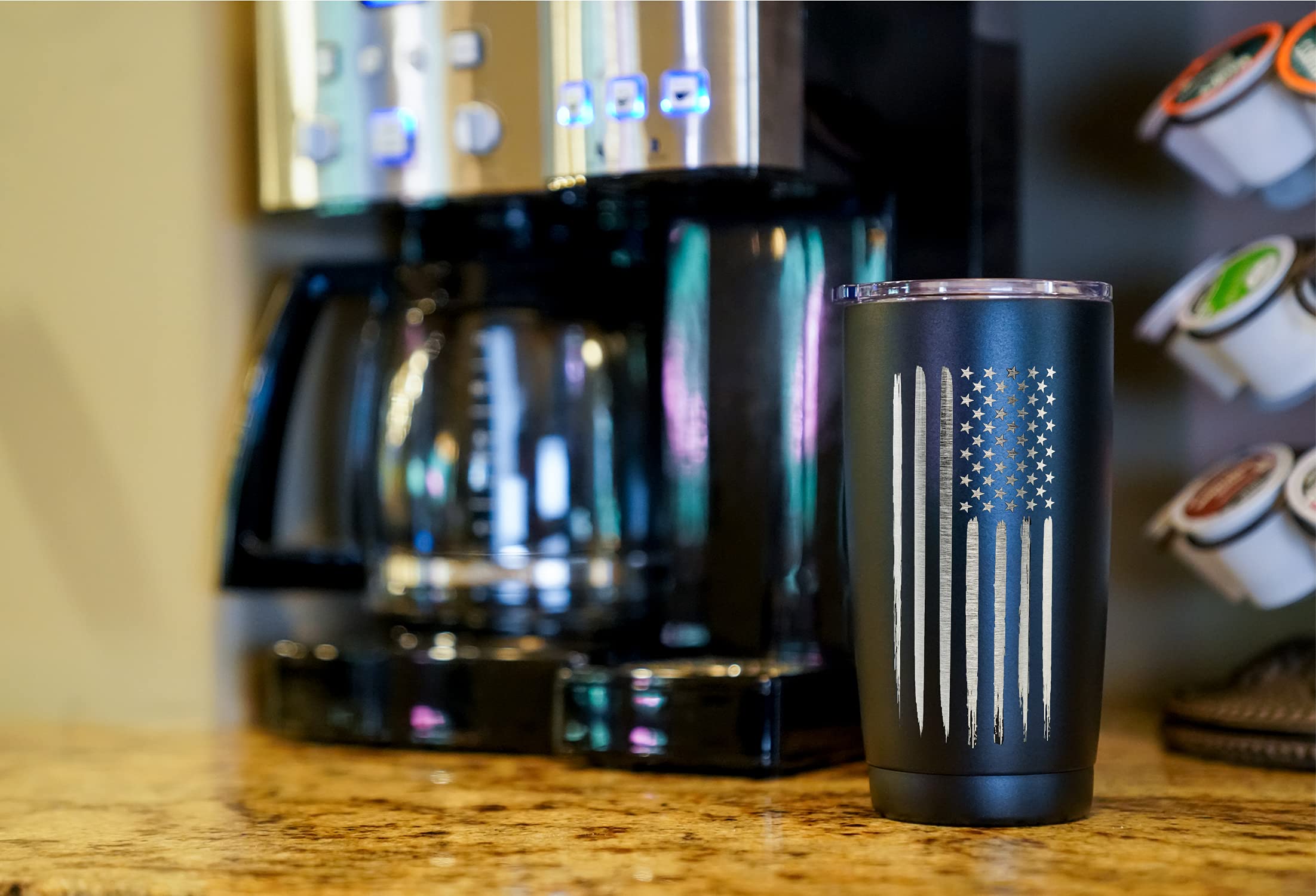 Military Gift Shop tumbler in cup holder showing 20oz fit and convenient mobility