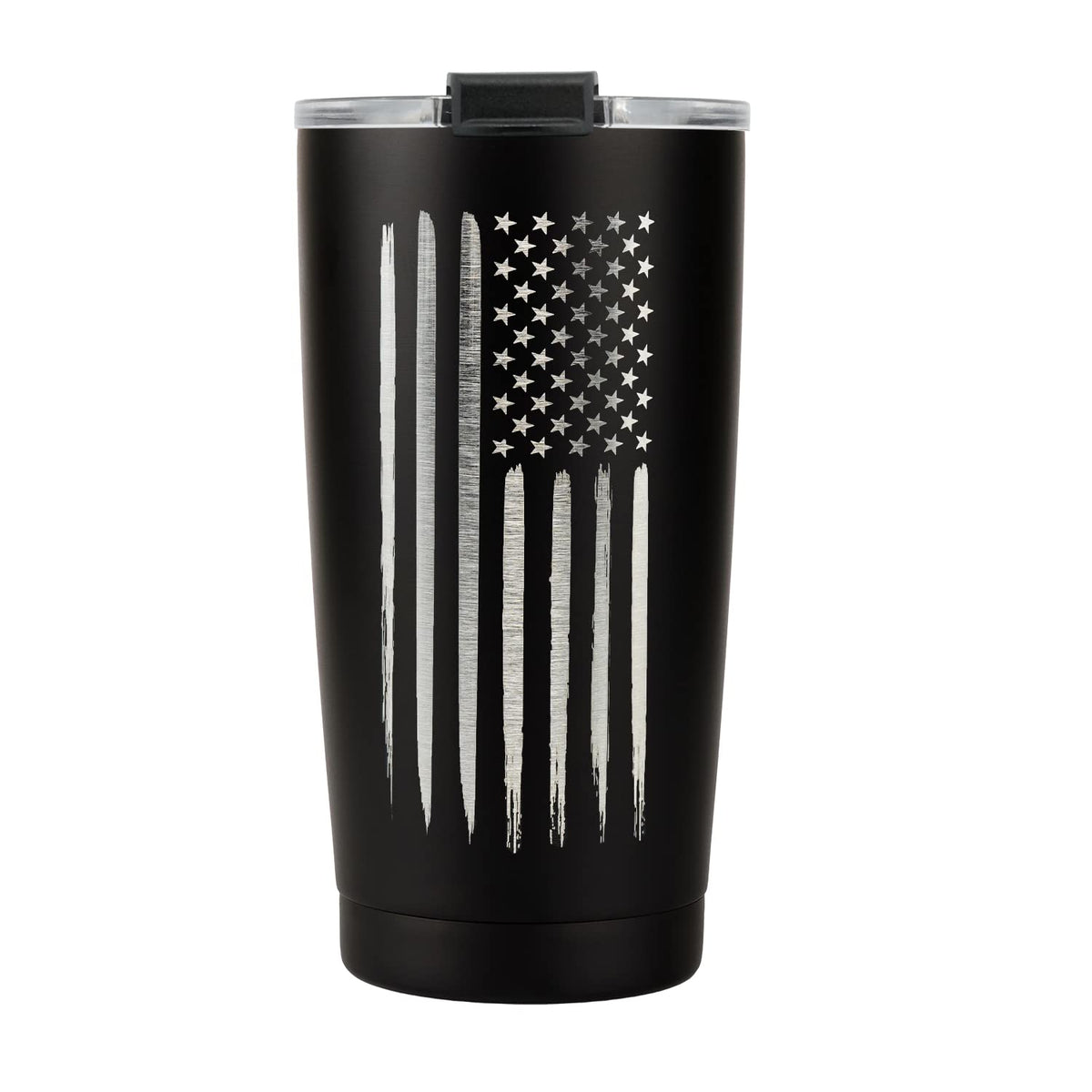 Military Gift Shop front view of 20oz flag tumbler showing full design and lid benefit