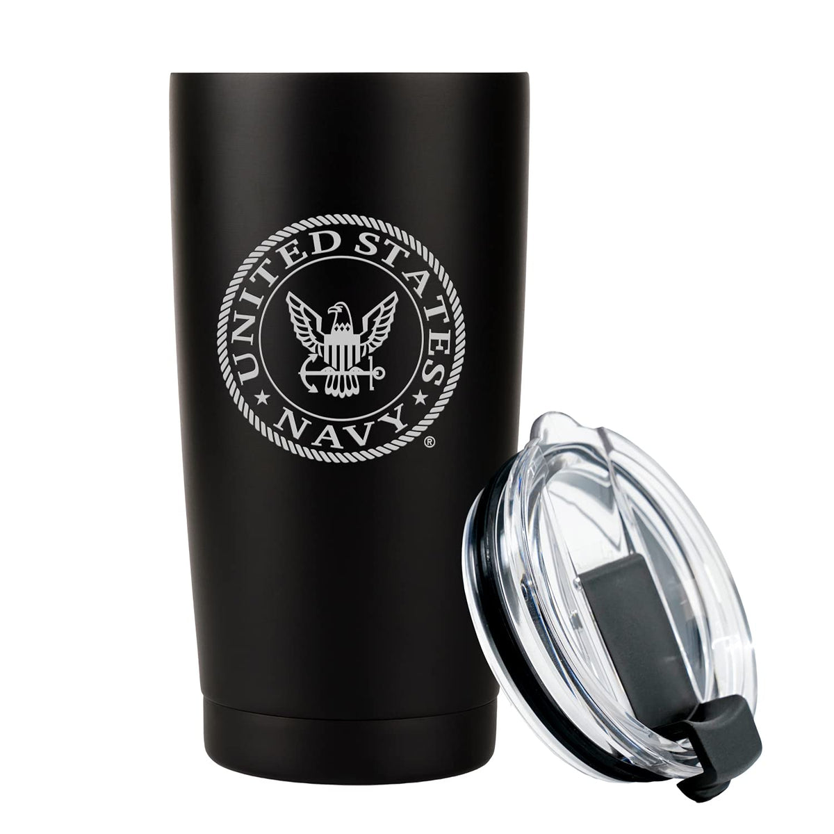 Military Gift Shop navy tumbler front view showing durable design and pride