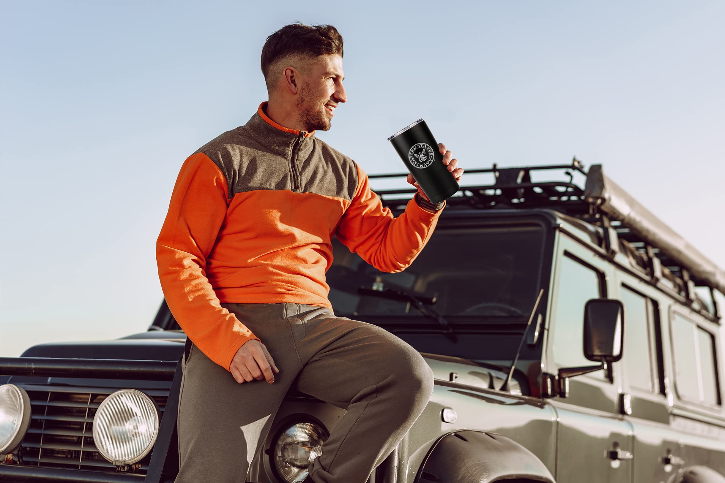 Military Gift Shop tumbler in car cupholder demonstrating travel convenience