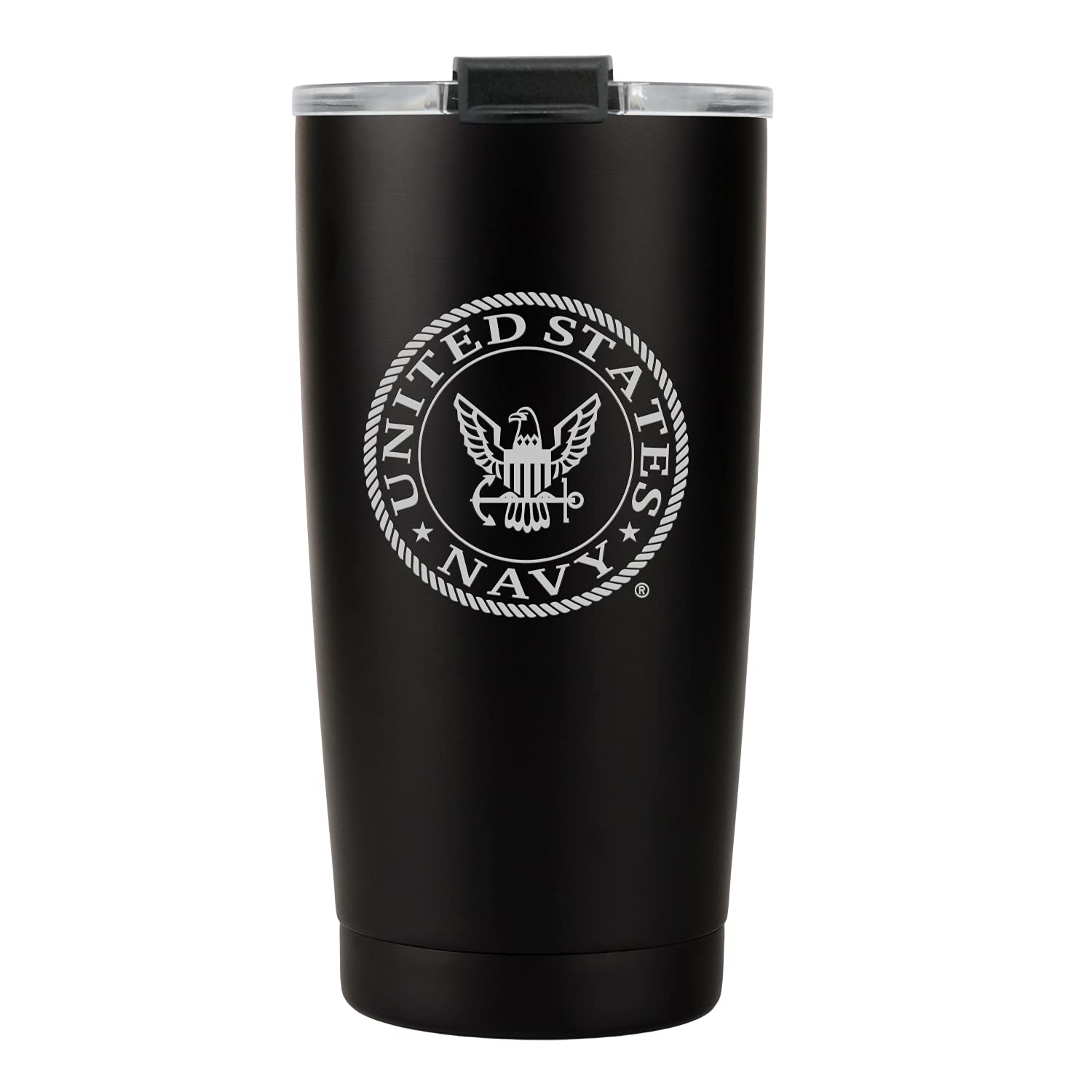 Military Gift Shop hand holding tumbler showing 20oz scale and comfortable grip