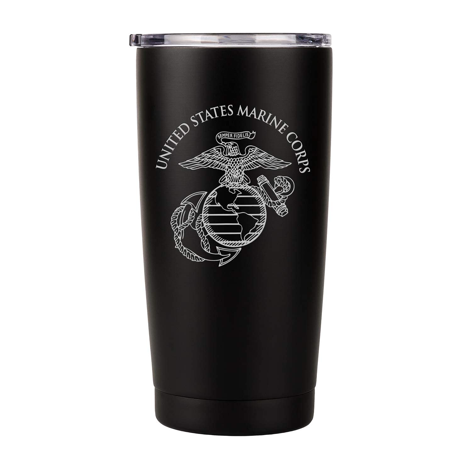 Military Gift Shop USMC tumbler front view showing engraved emblem and matte finish for pride