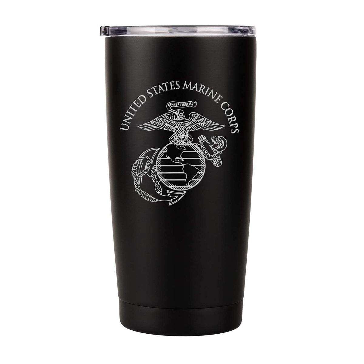 Military Gift Shop USMC tumbler front view showing engraved emblem and matte finish for pride