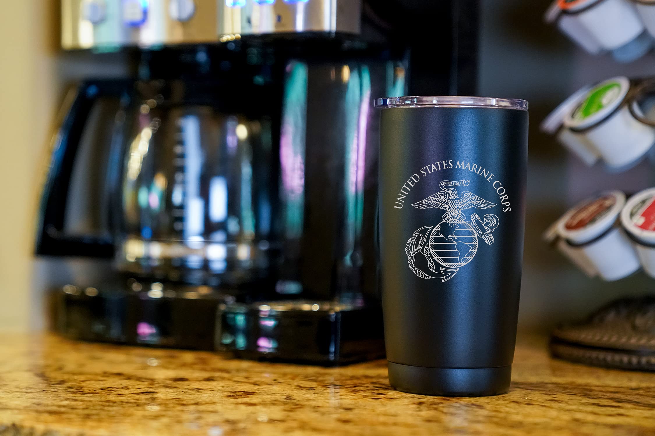 Military Gift Shop USMC tumbler in car cupholder showing travel fit and secure placement