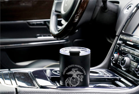 Military Gift Shop USMC tumbler in hand for size and grip demonstration and everyday carry