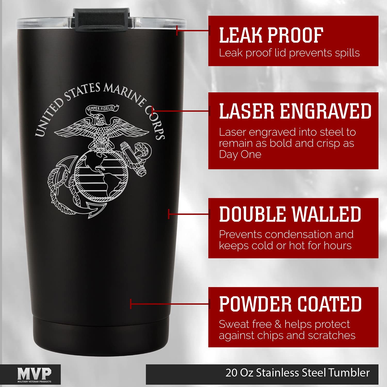 Military Gift Shop USMC tumbler packaging box showing gift-ready presentation and branding