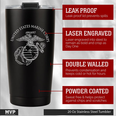 Military Gift Shop USMC tumbler packaging box showing gift-ready presentation and branding