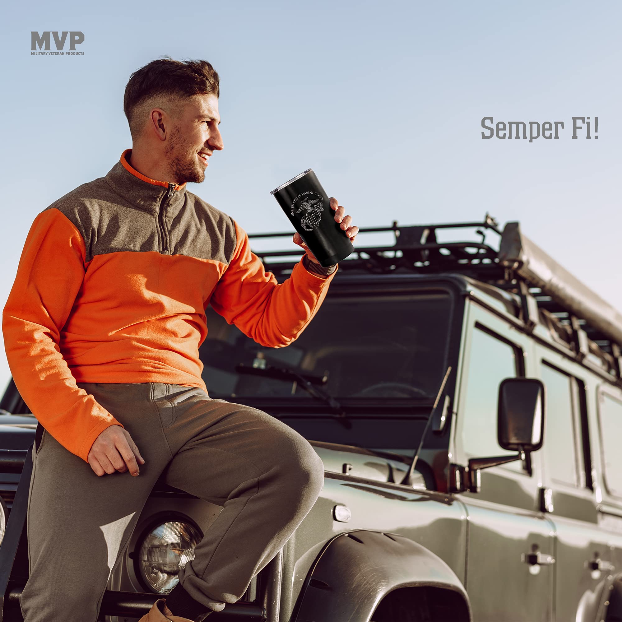 Military Gift Shop USMC tumbler with coffee demonstrating heat retention and morning convenience