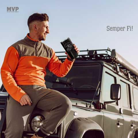 Military Gift Shop USMC tumbler with coffee demonstrating heat retention and morning convenience