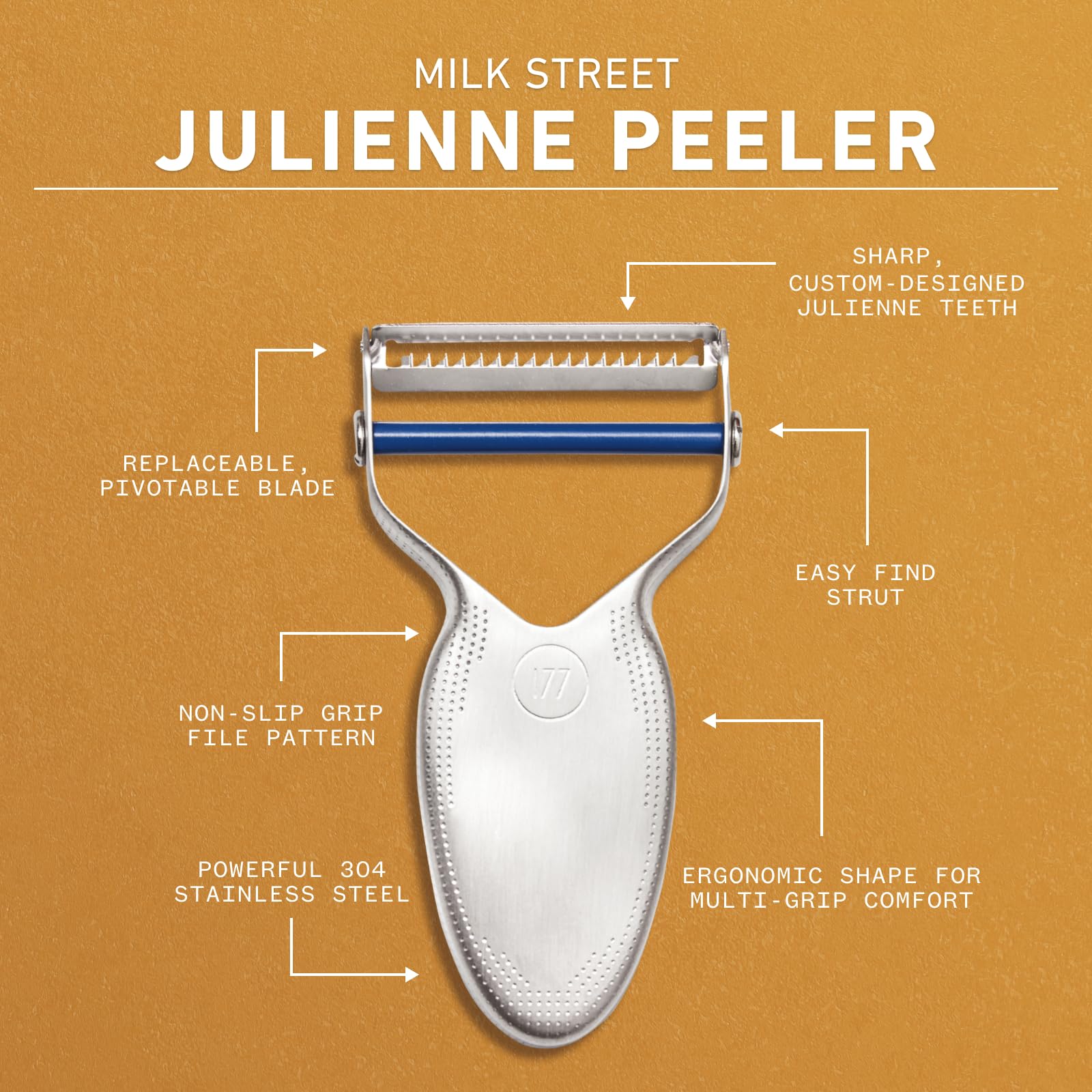 Milk Street julienne peeler held in hand to show scale and improved control during prep
