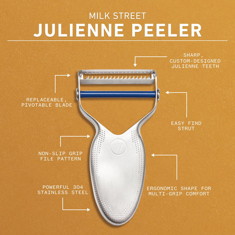 Milk Street julienne peeler held in hand to show scale and improved control during prep
