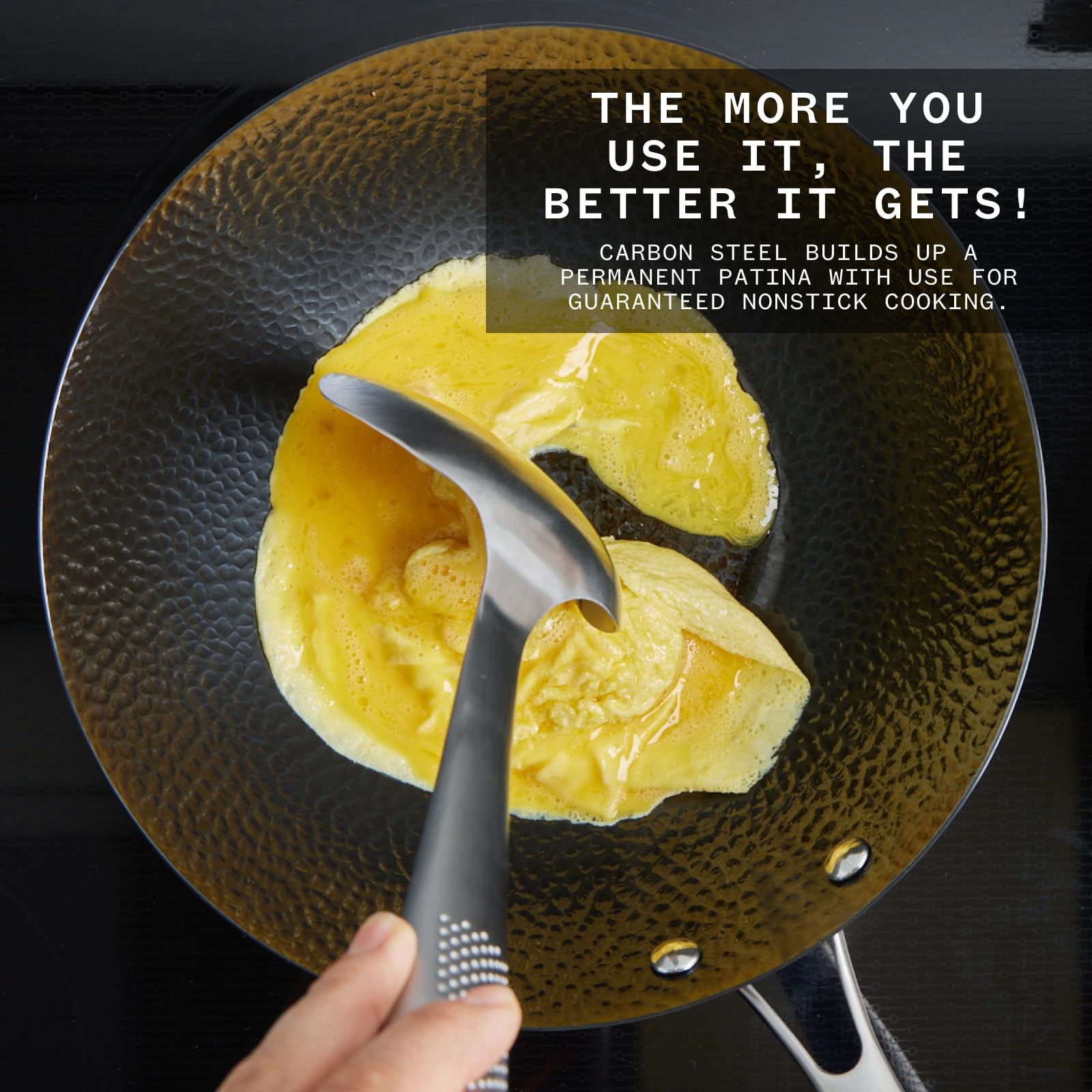 Milk Street wok beside plate to show 10.5-inch size and kitchen fit
