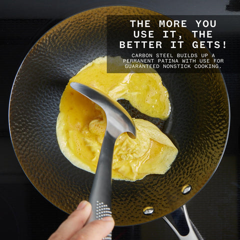 Milk Street wok beside plate to show 10.5-inch size and kitchen fit