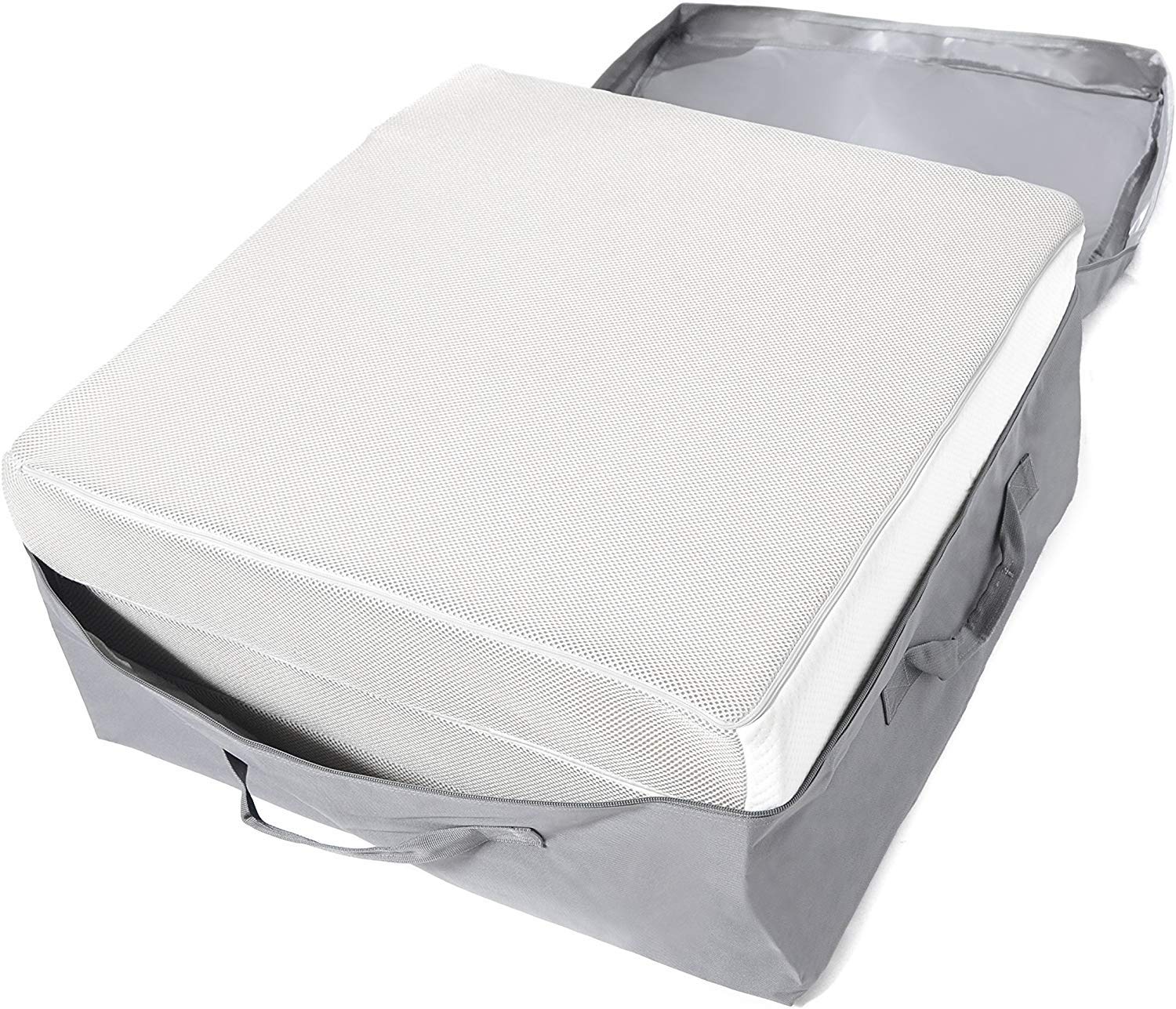 Milliard case being slipped over mattress for quick packing and neat storage