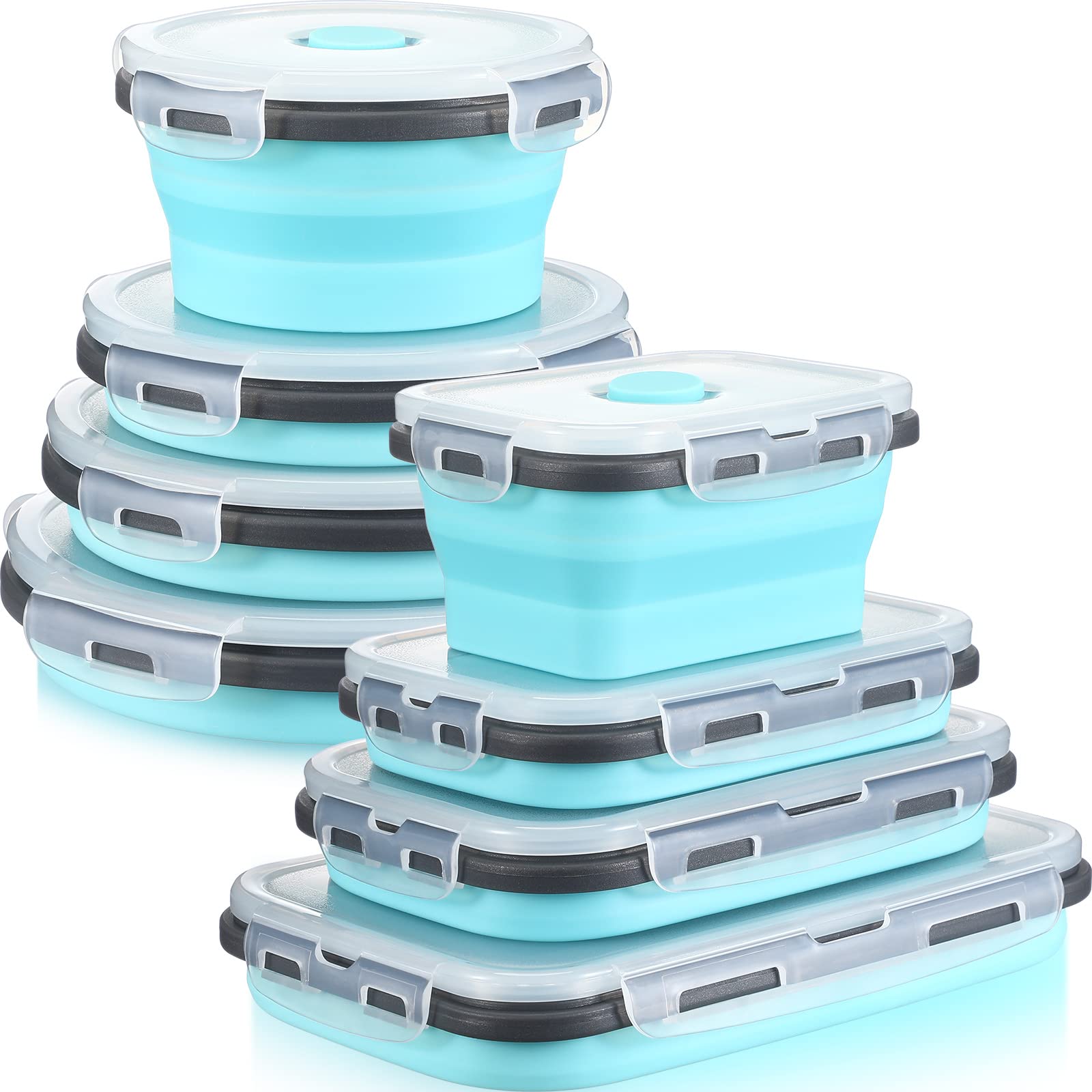Mimorou front packaging showing blue collapsible container set and included lids, space-saving benefit
