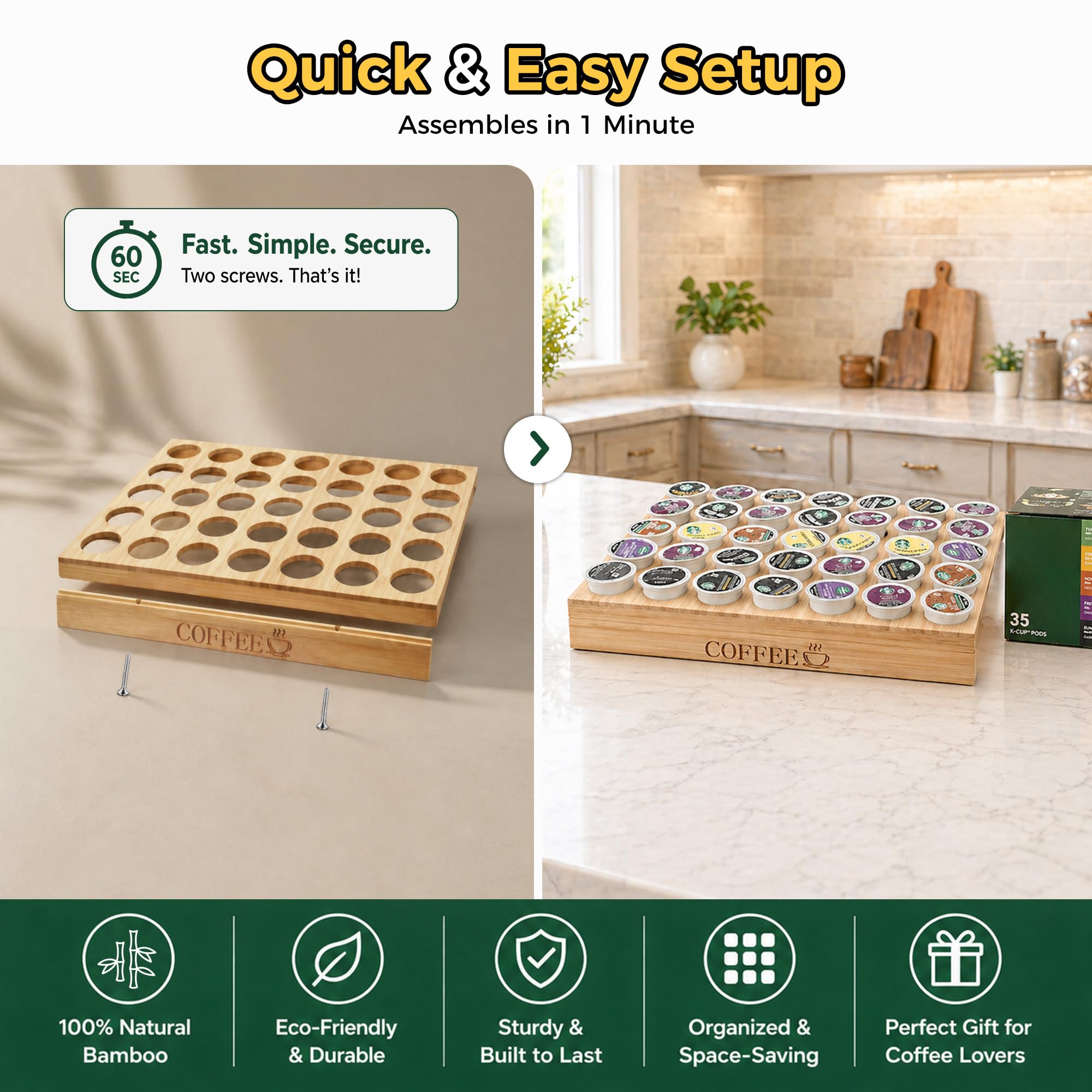 MinBoo bamboo installed in drawer neatly stores pods and frees counters
